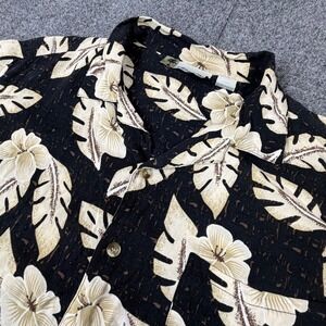 Island Blue Mens Large Rayon Hawaiian Shirt‎ Black Tan Floral Hibiscus Tropical